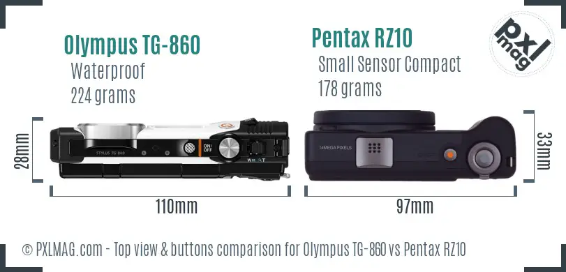 Olympus TG-860 vs Pentax RZ10 top view buttons comparison