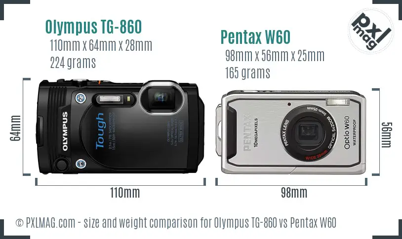 Olympus TG-860 vs Pentax W60 size comparison