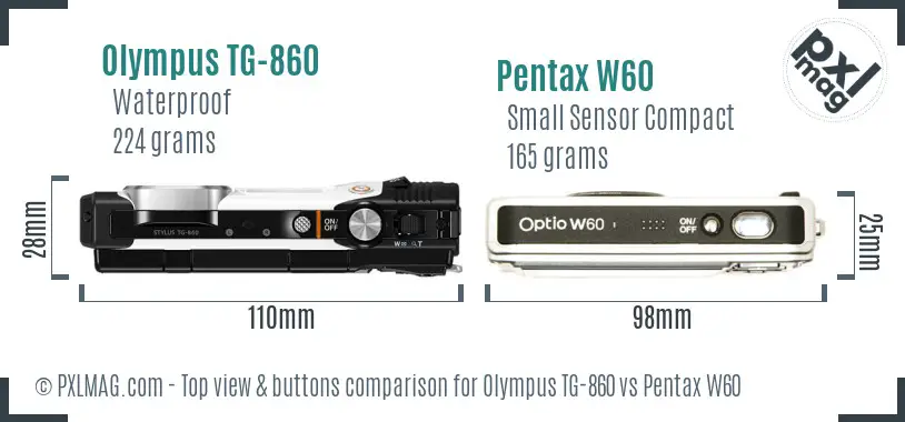 Olympus TG-860 vs Pentax W60 top view buttons comparison