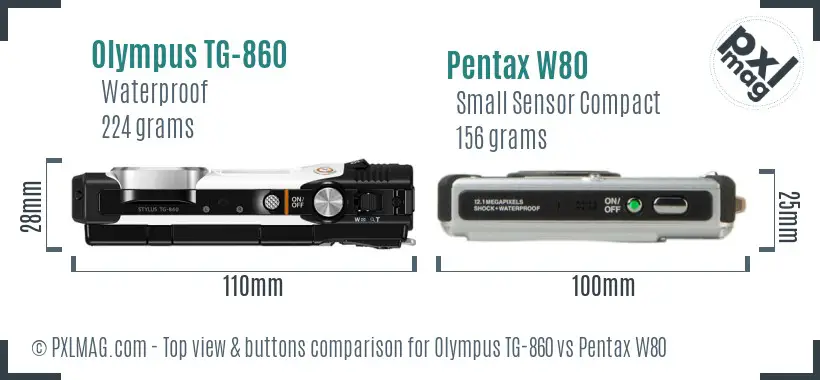 Olympus TG-860 vs Pentax W80 top view buttons comparison