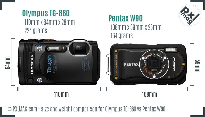 Olympus TG-860 vs Pentax W90 size comparison