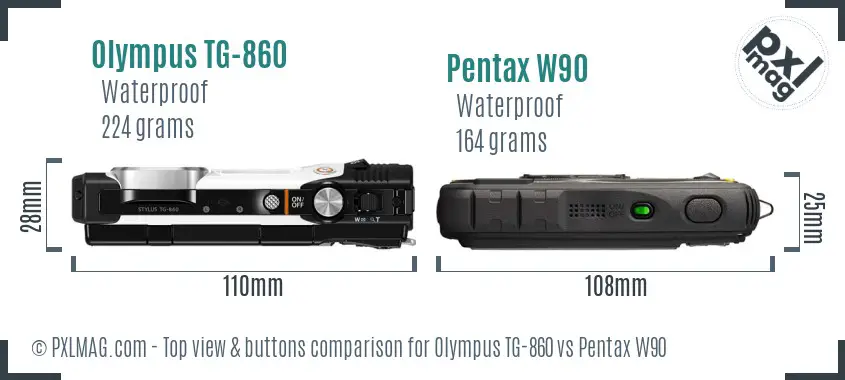 Olympus TG-860 vs Pentax W90 top view buttons comparison