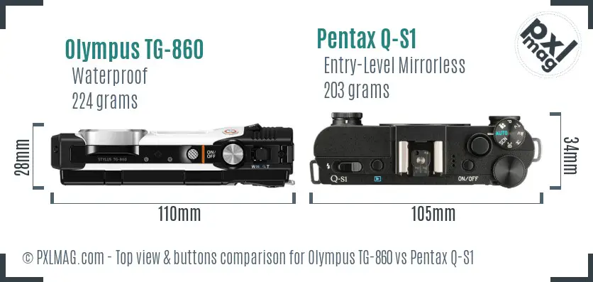 Olympus TG-860 vs Pentax Q-S1 top view buttons comparison