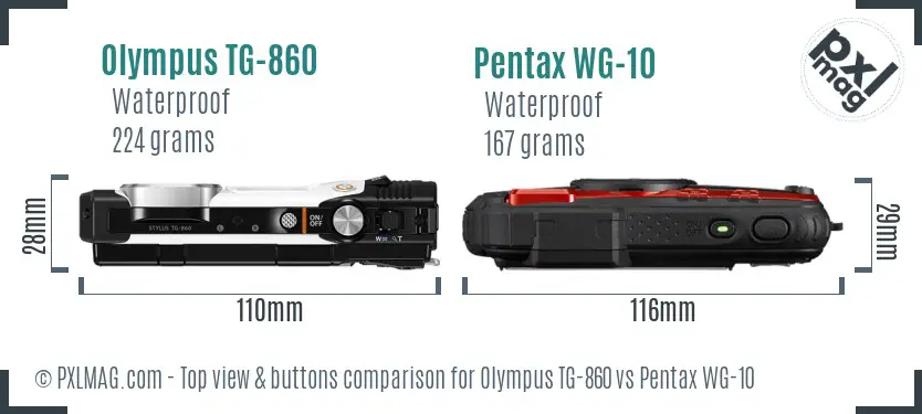 Olympus TG-860 vs Pentax WG-10 top view buttons comparison
