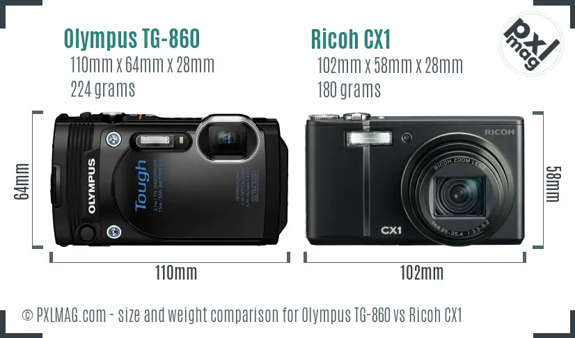 Olympus TG-860 vs Ricoh CX1 size comparison