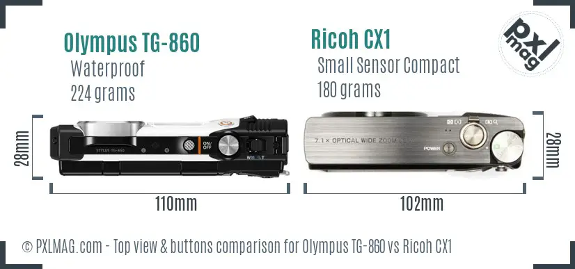 Olympus TG-860 vs Ricoh CX1 top view buttons comparison