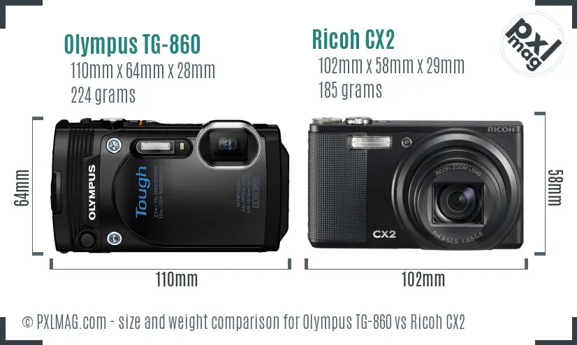 Olympus TG-860 vs Ricoh CX2 size comparison