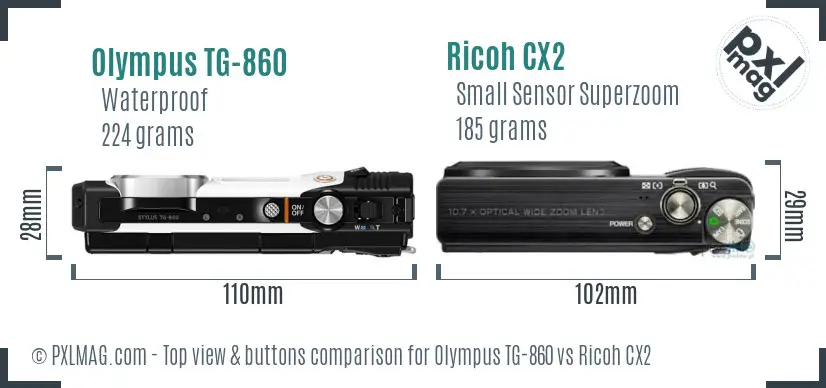 Olympus TG-860 vs Ricoh CX2 top view buttons comparison