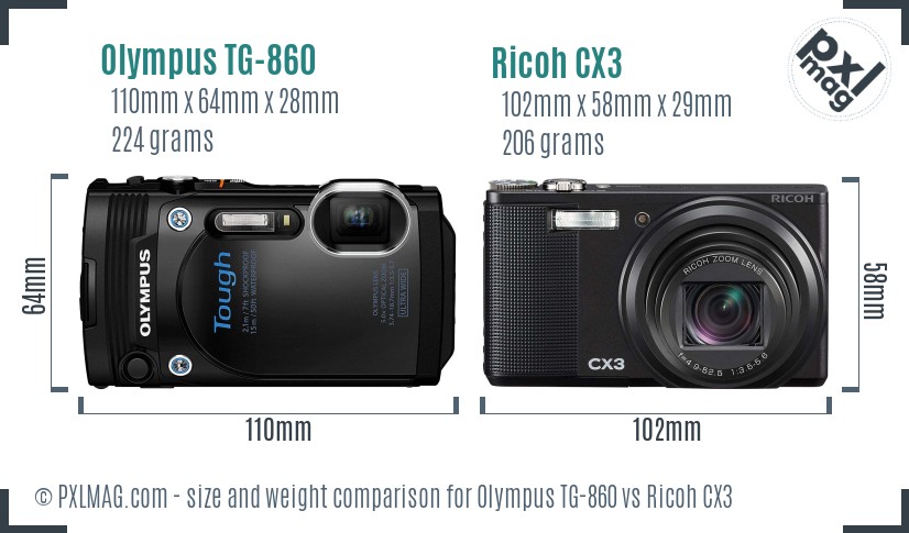Olympus TG-860 vs Ricoh CX3 size comparison Olympus TG-860 vs Ricoh CX3 size comparison