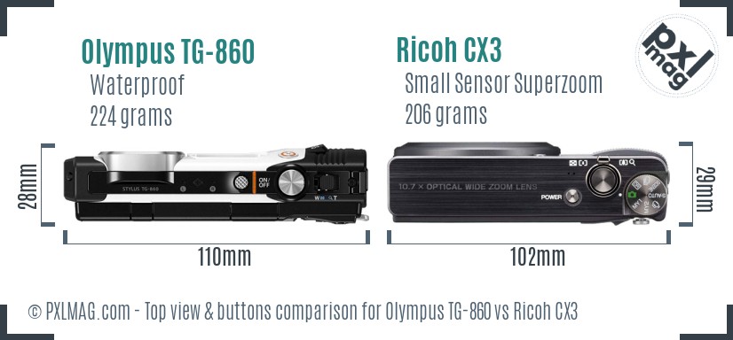 Olympus TG-860 vs Ricoh CX3 top view buttons comparison