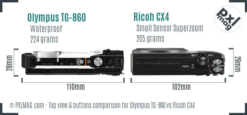 Olympus TG-860 vs Ricoh CX4 top view buttons comparison