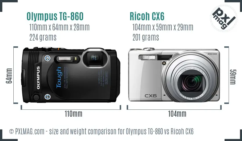 Olympus TG-860 vs Ricoh CX6 size comparison