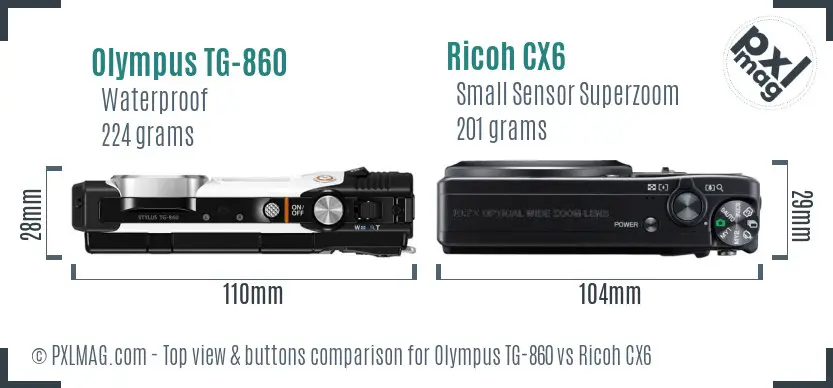 Olympus TG-860 vs Ricoh CX6 top view buttons comparison