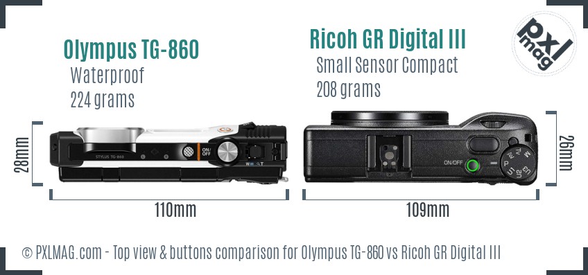 Olympus TG-860 vs Ricoh GR Digital III top view buttons comparison