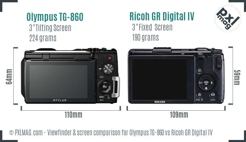 Olympus TG-860 vs Ricoh GR Digital IV Screen and Viewfinder comparison