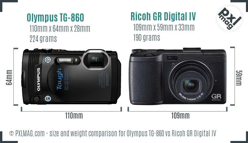 Olympus TG-860 vs Ricoh GR Digital IV size comparison