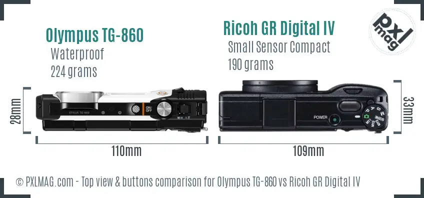 Olympus TG-860 vs Ricoh GR Digital IV top view buttons comparison