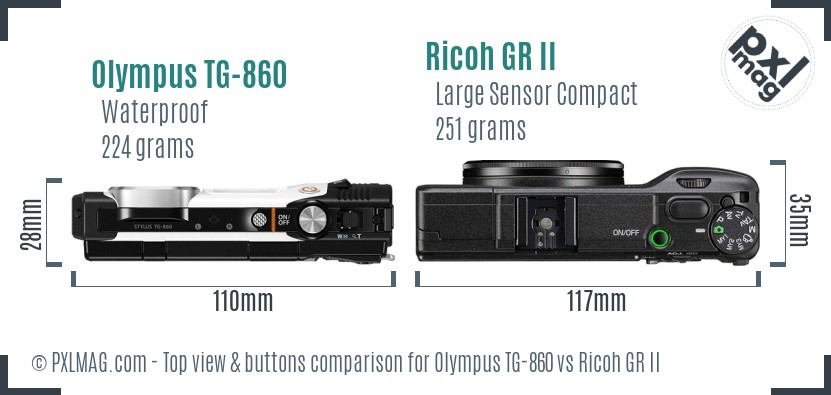 Olympus TG-860 vs Ricoh GR II top view buttons comparison