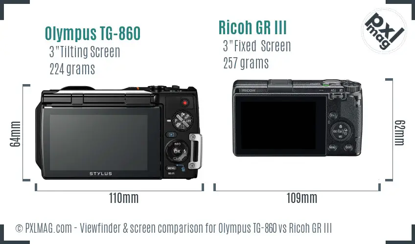Olympus TG-860 vs Ricoh GR III Screen and Viewfinder comparison