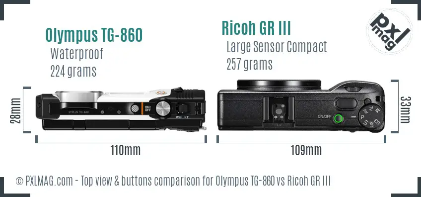 Olympus TG-860 vs Ricoh GR III top view buttons comparison