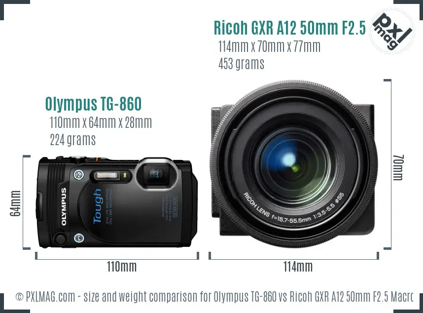 Olympus TG-860 vs Ricoh GXR A12 50mm F2.5 Macro size comparison