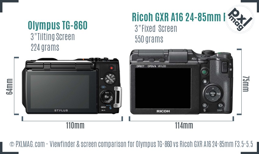 Olympus TG-860 vs Ricoh GXR A16 24-85mm F3.5-5.5 Screen and Viewfinder comparison