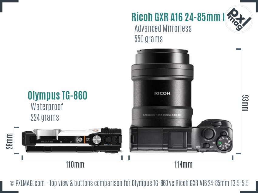 Olympus TG-860 vs Ricoh GXR A16 24-85mm F3.5-5.5 top view buttons comparison
