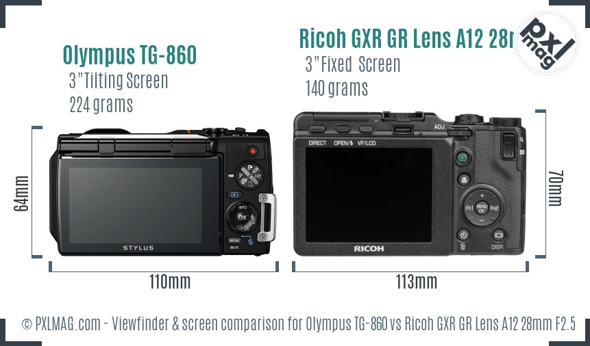 Olympus TG-860 vs Ricoh GXR GR Lens A12 28mm F2.5 Screen and Viewfinder comparison