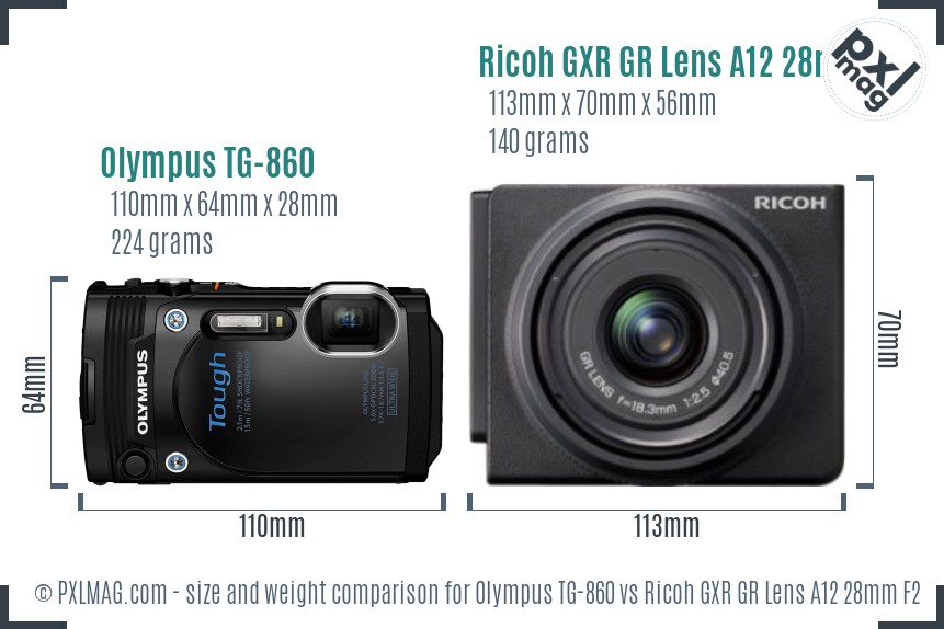 Olympus TG-860 vs Ricoh GXR GR Lens A12 28mm F2.5 size comparison