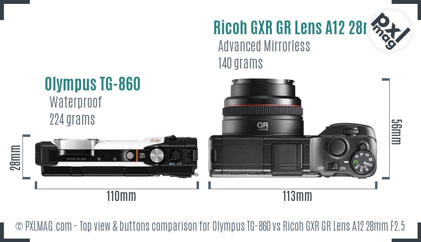 Olympus TG-860 vs Ricoh GXR GR Lens A12 28mm F2.5 top view buttons comparison