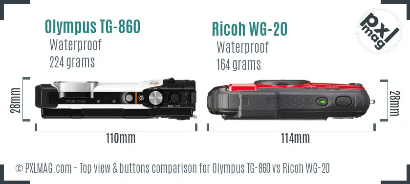 Olympus TG-860 vs Ricoh WG-20 top view buttons comparison