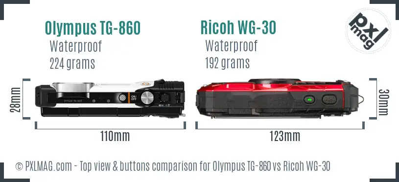Olympus TG-860 vs Ricoh WG-30 top view buttons comparison