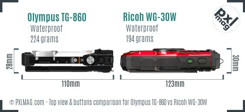 Olympus TG-860 vs Ricoh WG-30W top view buttons comparison