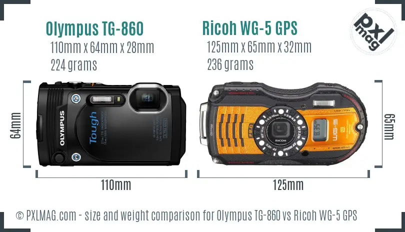 Olympus TG-860 vs Ricoh WG-5 GPS size comparison