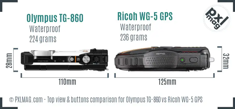Olympus TG-860 vs Ricoh WG-5 GPS top view buttons comparison