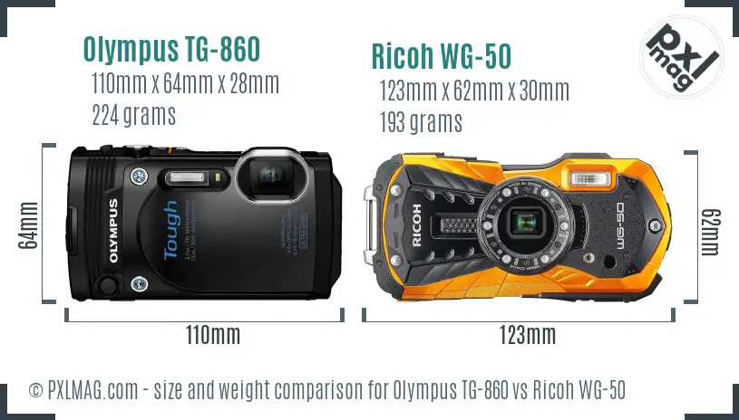 Olympus TG-860 vs Ricoh WG-50 size comparison