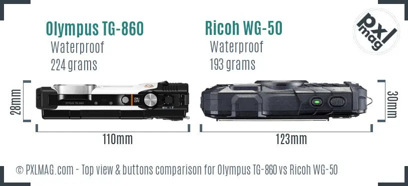 Olympus TG-860 vs Ricoh WG-50 top view buttons comparison