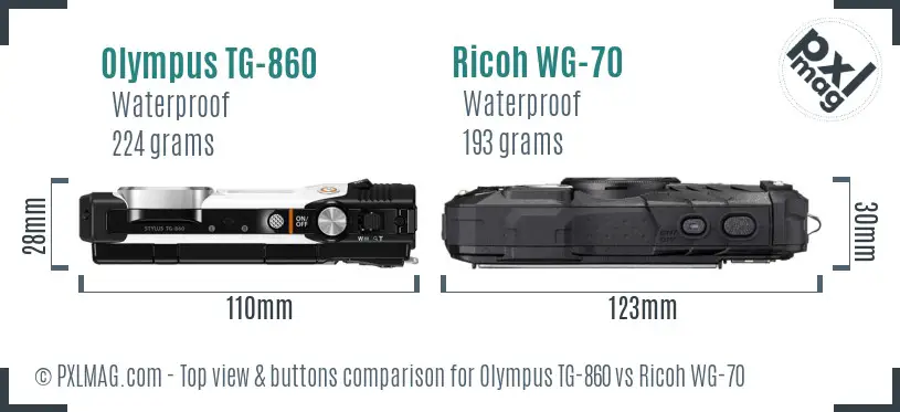 Olympus TG-860 vs Ricoh WG-70 top view buttons comparison