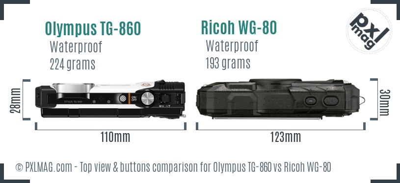 Olympus TG-860 vs Ricoh WG-80 top view buttons comparison