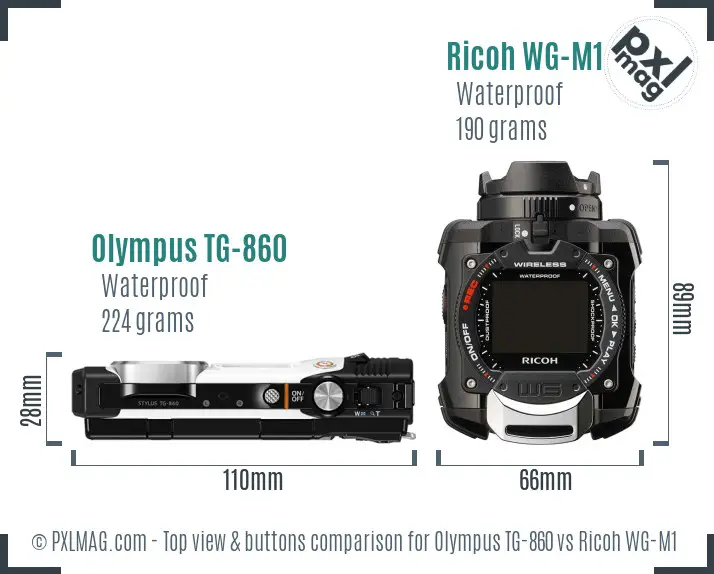 Olympus TG-860 vs Ricoh WG-M1 top view buttons comparison