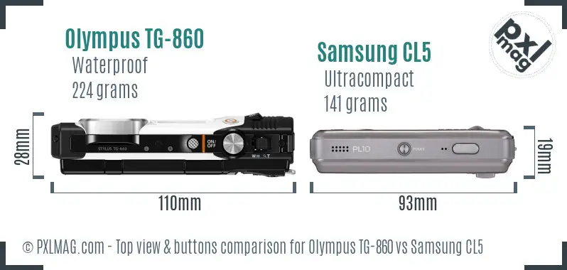 Olympus TG-860 vs Samsung CL5 top view buttons comparison