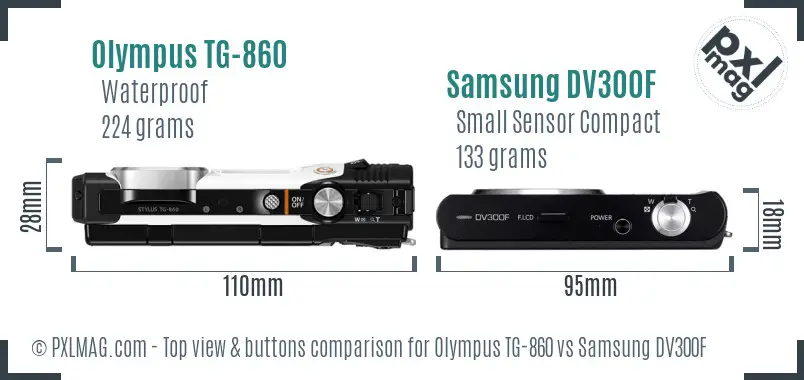 Olympus TG-860 vs Samsung DV300F top view buttons comparison