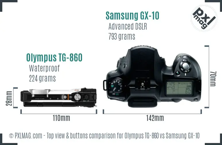 Olympus TG-860 vs Samsung GX-10 top view buttons comparison