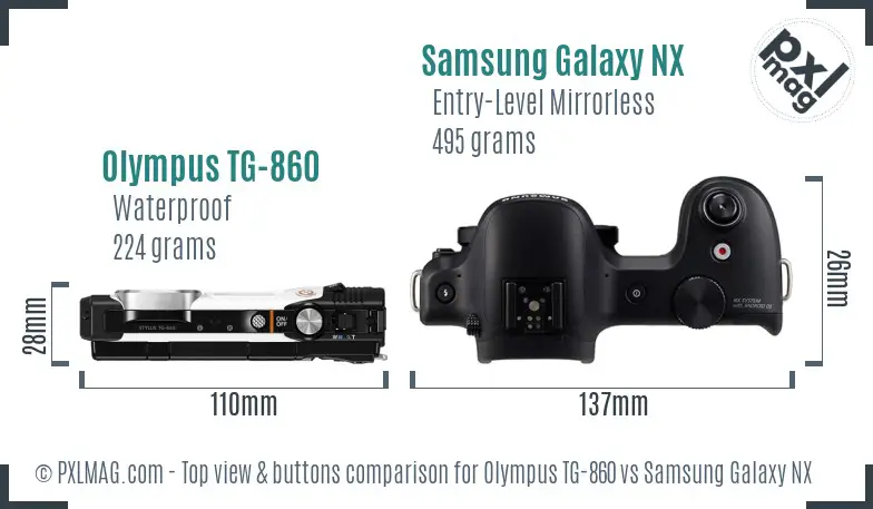 Olympus TG-860 vs Samsung Galaxy NX top view buttons comparison Olympus TG-860 vs Samsung Galaxy NX top view buttons comparison