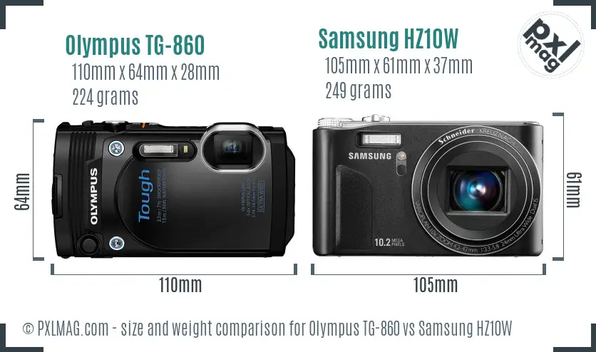 Olympus TG-860 vs Samsung HZ10W size comparison