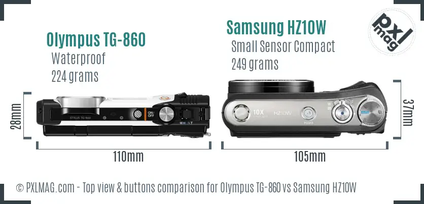 Olympus TG-860 vs Samsung HZ10W top view buttons comparison