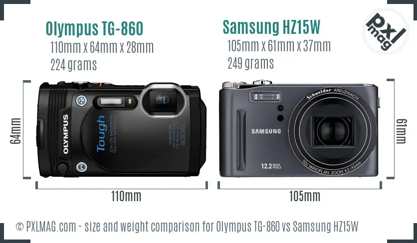 Olympus TG-860 vs Samsung HZ15W size comparison