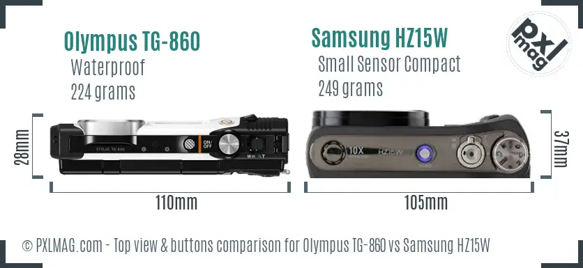 Olympus TG-860 vs Samsung HZ15W top view buttons comparison