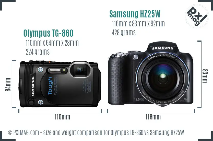 Olympus TG-860 vs Samsung HZ25W size comparison