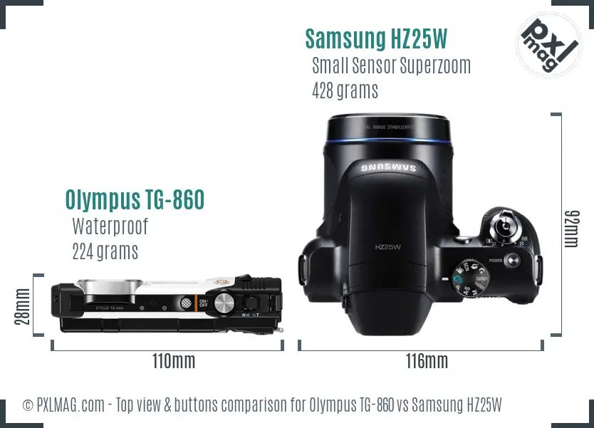 Olympus TG-860 vs Samsung HZ25W top view buttons comparison